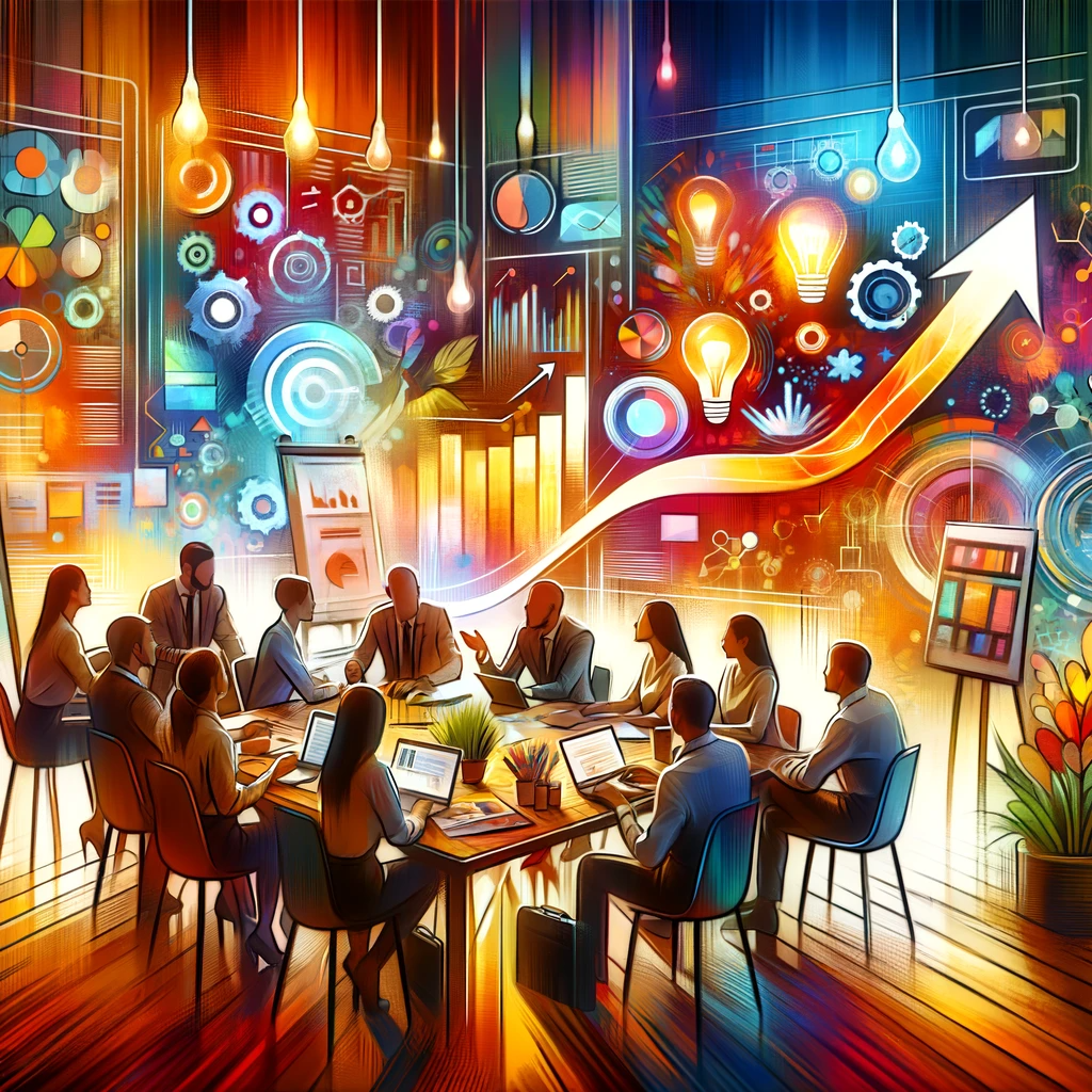 DALL·E 2024-01-25 13.56.38 - Semi-abstract, colorful depiction of a full-service marketing agency team in a brainstorming session, with a focus on positive outcomes and teamwork. 
