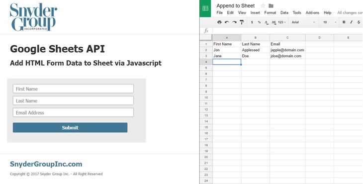 google sheets api publishing html form data to a google sheet api form
